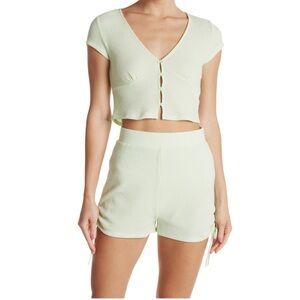 NWT Elodie Waffle Knit Bolero Shrug Crop Top Buttons Short Sleeve Mint Green S